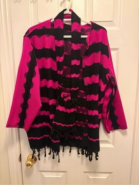 Handmade Blanket Pink and Black Striped Cardigan With Small Purse/Bag